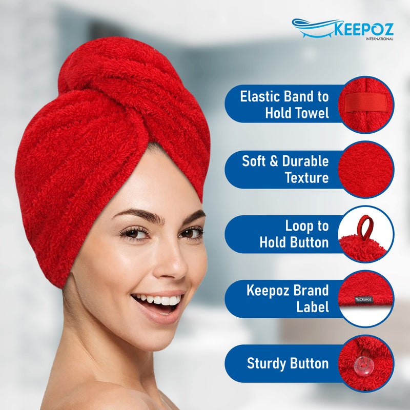 KEEPOZ Hair Towel Wrap Quick Dry 100% Cotton Super Absorbent Turban Head Wrap for Women with Button, Non Microfiber Anti Frizz Hair Products, Hair Cap for Curly, Long & Thick Hair (Red, 1 Pc) - Image 5